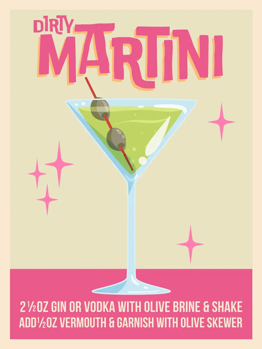 Illustration eines Dirty Martini Cocktails mit Rezept auf beigem Hintergrund und rosa Details.