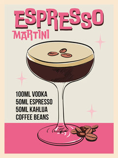 Illustration eines Espresso Martini Cocktails mit Zutatenliste und Kaffeebohnen.