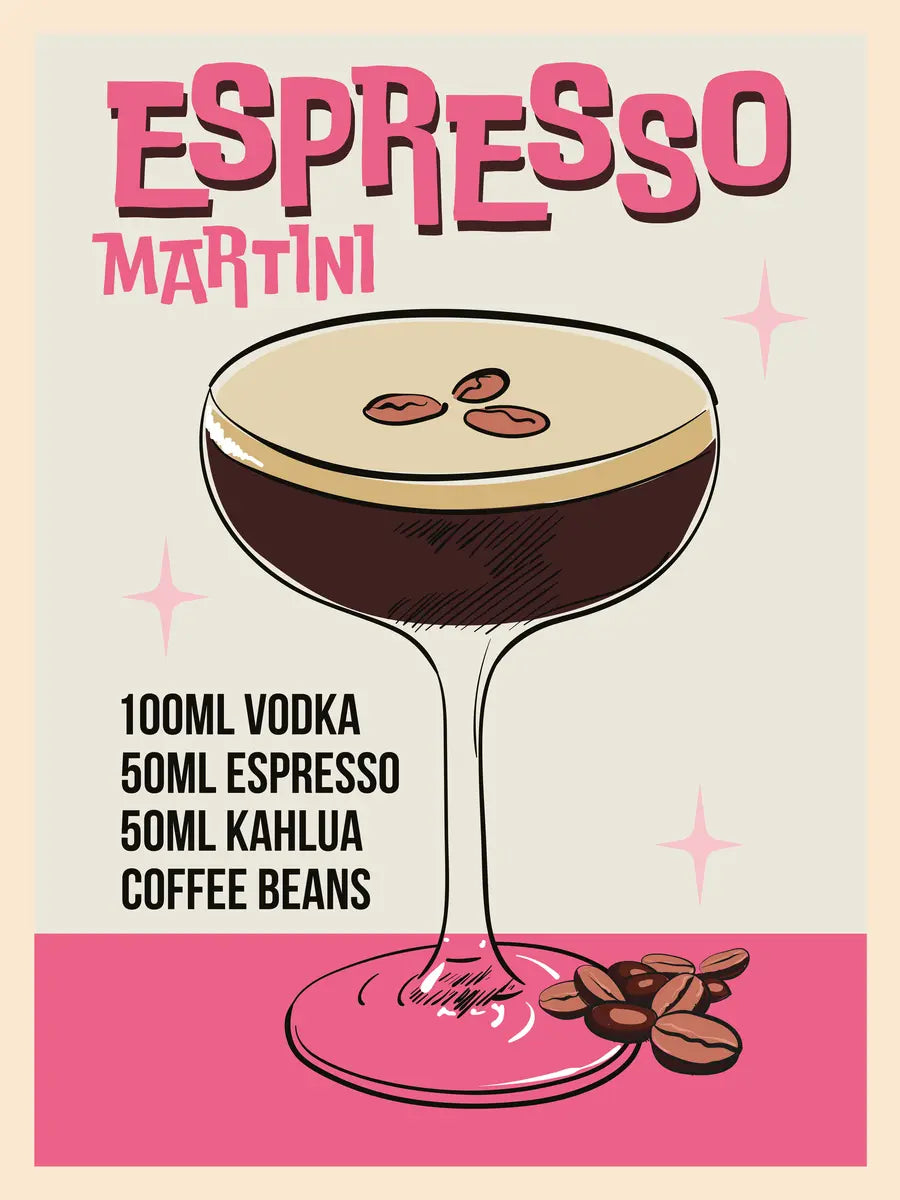 Illustration eines Espresso Martini Cocktails mit Zutatenliste und Kaffeebohnen.