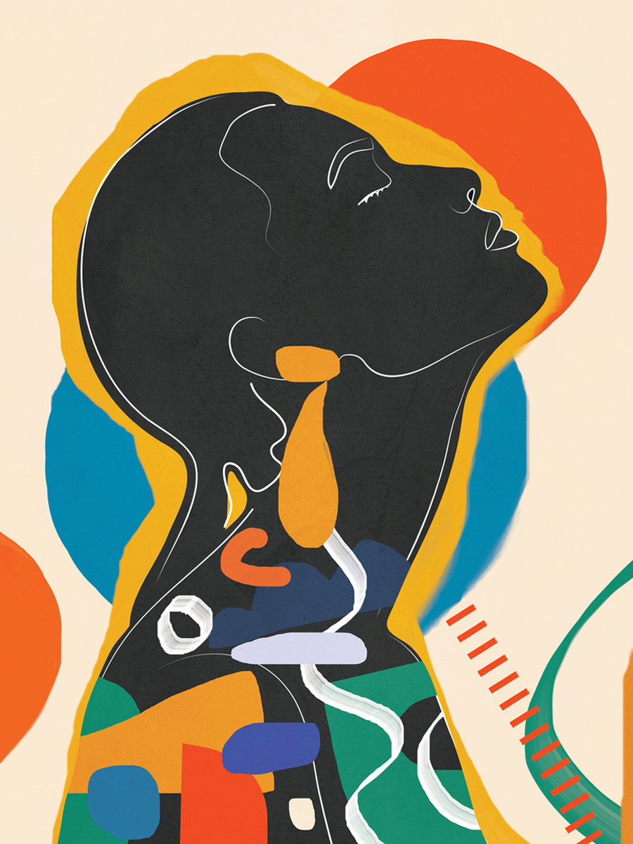 Illustration einer Frau im Profil mit bunten Formen auf beigefarbenem Hintergrund.