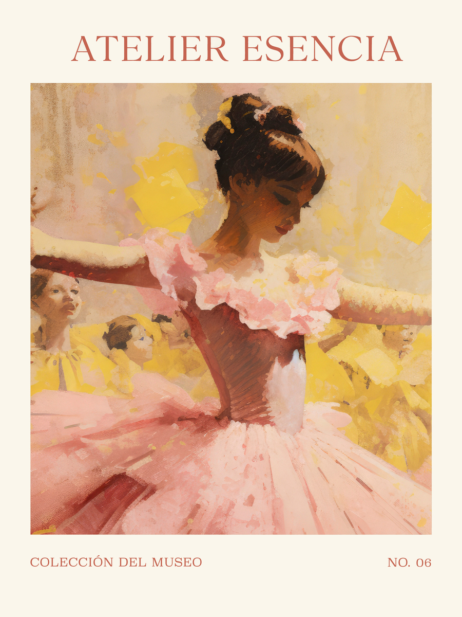 Poster einer Ballerina in einem rosa Kleid, umgeben von gelben Blättern, mit dem Text „Atelier Esencia“ und „Colección del Museo No. 06“.