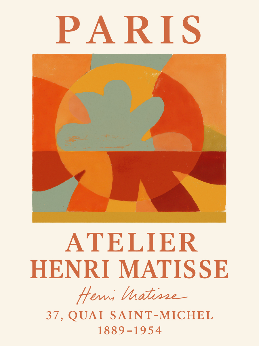 Grafik mit geometrischen Formen in Orange, Rot und Gelb auf beigem Hintergrund mit Text "Atelier Henri Matisse".