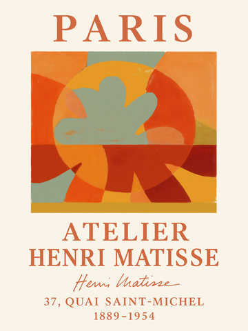 Grafik mit geometrischen Formen in Orange, Rot und Gelb auf beigem Hintergrund mit Text "Atelier Henri Matisse".