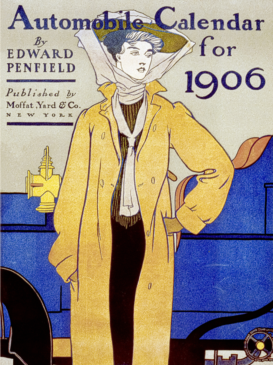 Frau in gelbem Mantel fährt ein Auto von 1906, mit Text "Automobile Calendar for 1906".