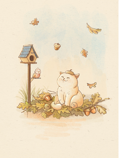 Illustration einer Katze auf herabgefallenen Blättern mit Eicheln und einem Vogelhäuschen.