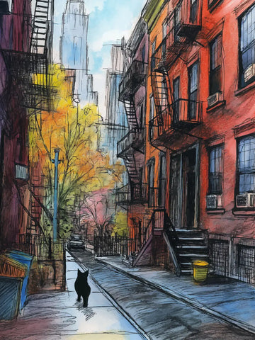 Katze in einer Gasse mit roten Backsteingebäuden und herbstlichen Bäumen.