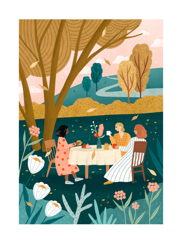 Illustration von drei Frauen, die an einem Tisch in einem Garten sitzen, umgeben von Bäumen und Blumen.