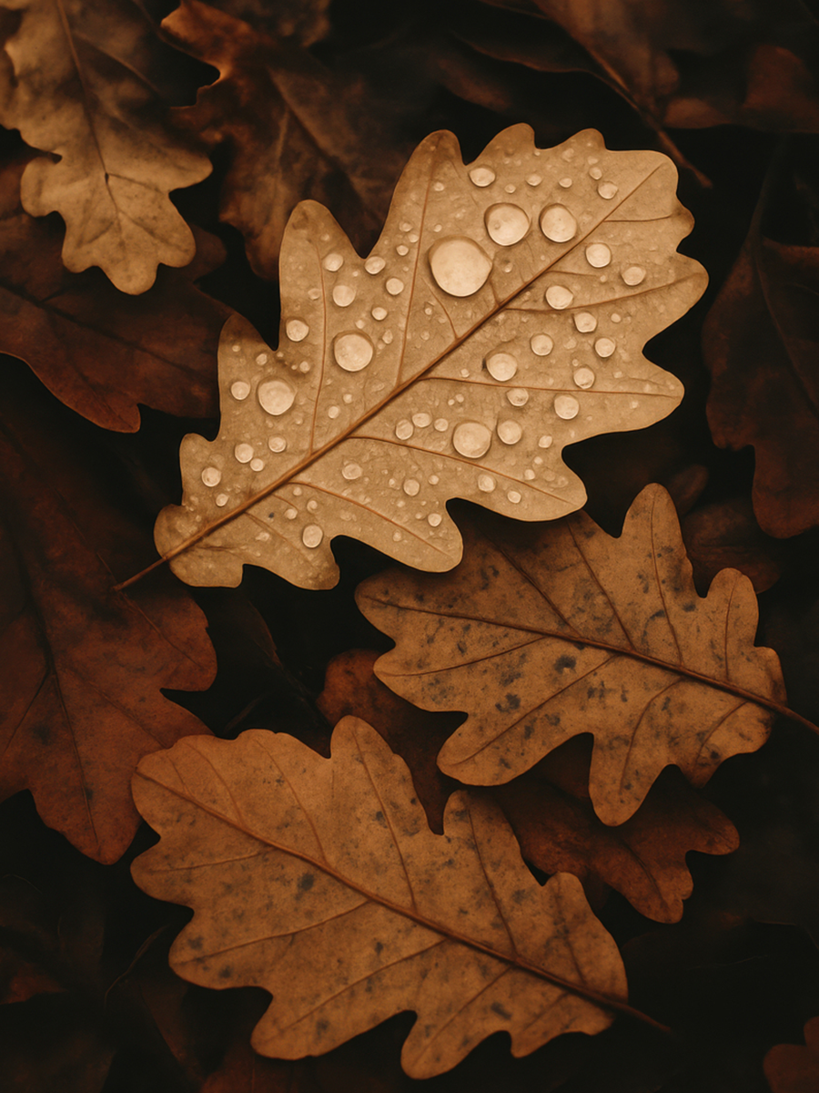 Eichenblätter in Brauntönen mit Wassertropfen.