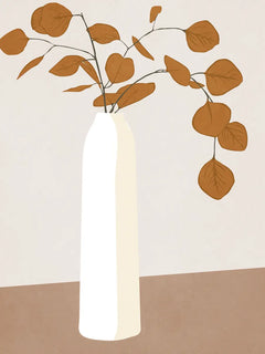 Grafische Illustration mit braunen Blättern in einer weißen Vase auf einem braunen Tisch, vor einem hellbeigen Hintergrund.