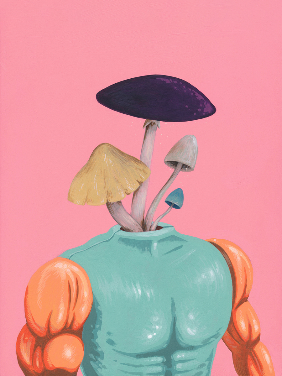 Ein muskulöser Körper mit einem Bündel farbenfroher Pilze anstelle eines Kopfes vor einem rosa Hintergrund.