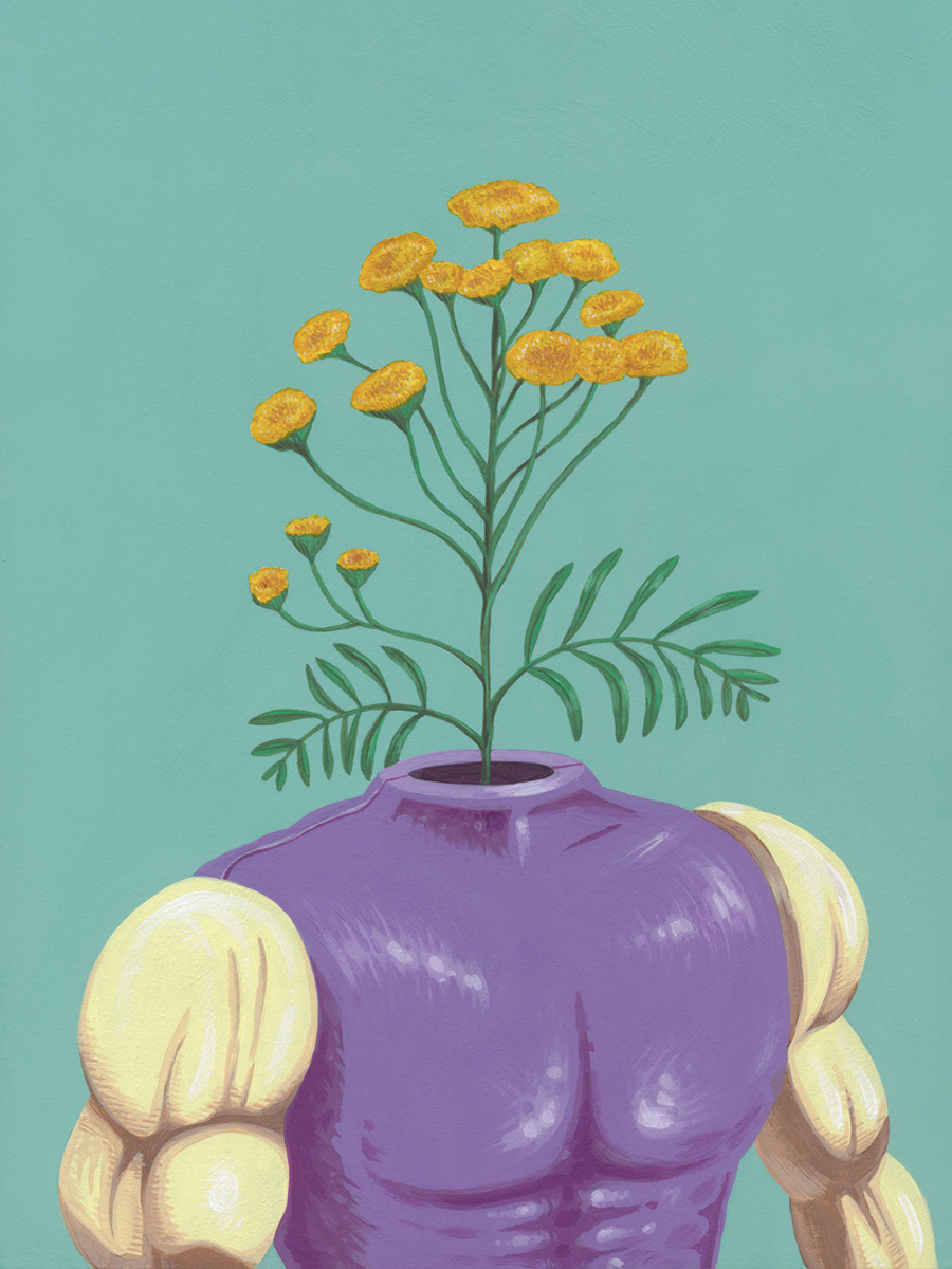 Ein muskulöses Paar Arme in einem lila Oberteil, aus dem gelbe Blumen und grüne Blätter wachsen, vor einem hellblauen Hintergrund.