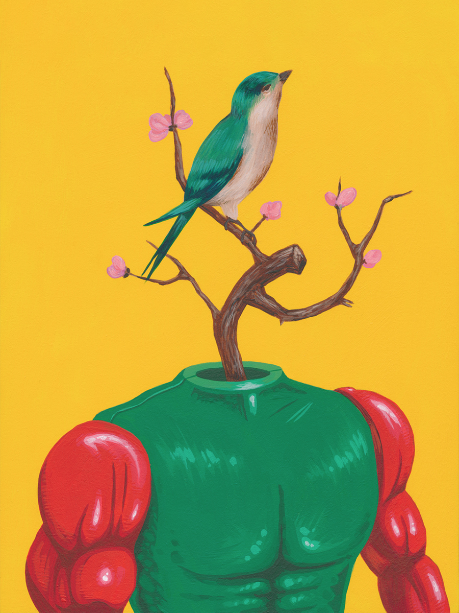 Ein blauer Vogel sitzt auf einem blühenden Ast, der aus einem muskulösen, kopflosen Körper wächst, vor einem gelben Hintergrund.