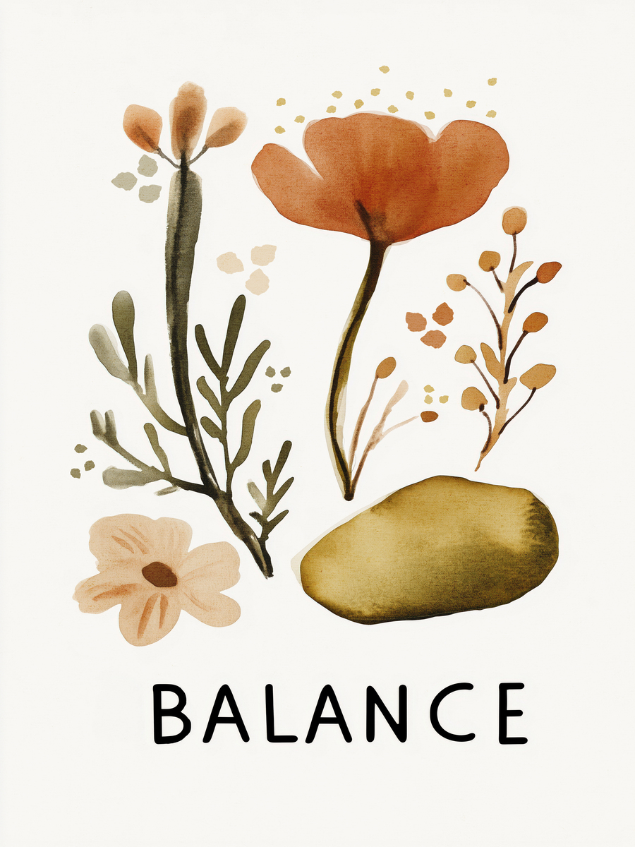 Illustration von Blumen und einem Stein mit dem Wort "Balance" darunter.