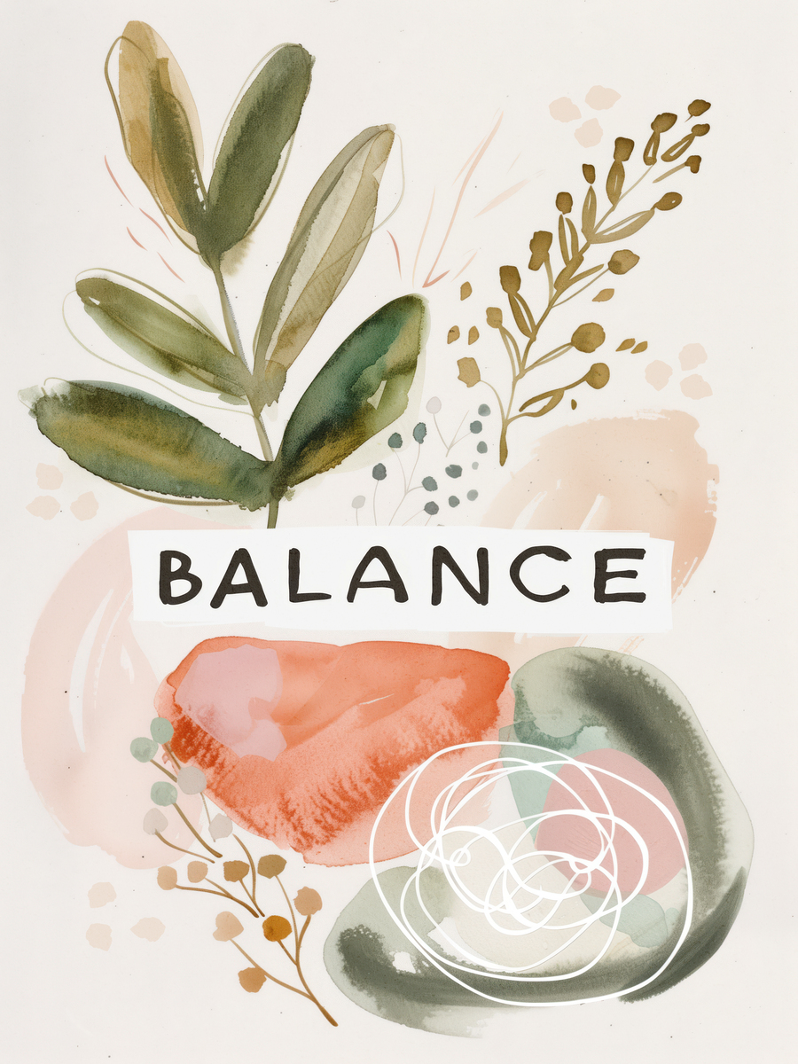 Poster mit dem Wort "Balance" umgeben von Blättern und abstrakten Formen in Grün, Orange und Rosa.