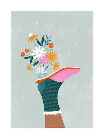 Illustration eines Fußes in einem bunten Socken, der einen Blumenstrauß balanciert, vor blauem Hintergrund.