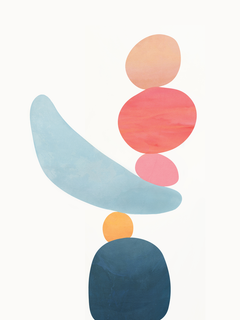 Grafische Illustration mit bunten, abstrakten Formen auf weißem Hintergrund.