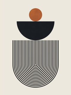 Grafische Illustration mit einer orangefarbenen Kugel auf einem schwarzen Halbkreis und Linien auf beigem Hintergrund.