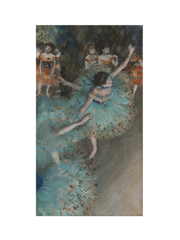Kunstposter mit Balletttänzern in blauen Kostümen während einer Probe.