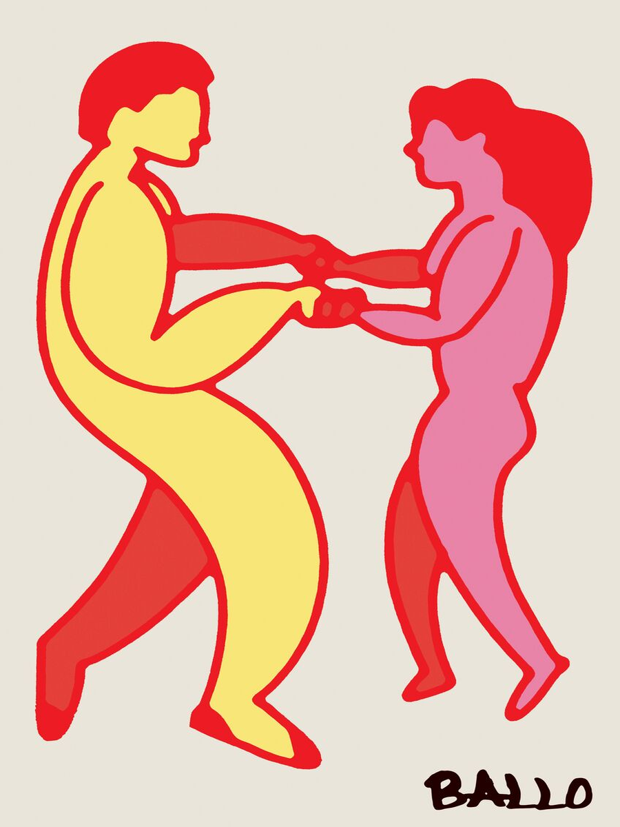 Zwei stilisierte Figuren in Gelb und Rot tanzen auf einem Poster mit dem Titel 'Ballo'.