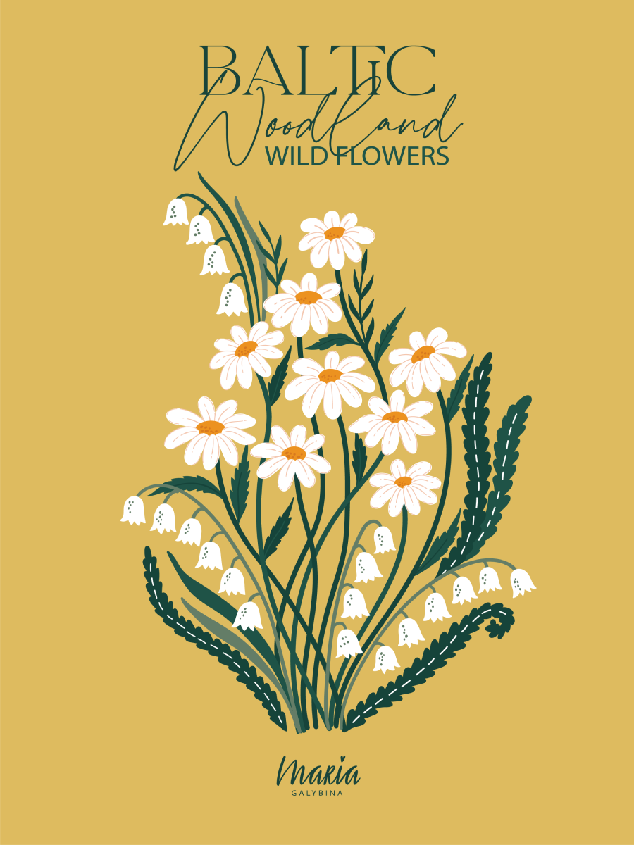 Illustration von weißen Wildblumen mit grünen Stängeln auf gelbem Hintergrund mit Text.