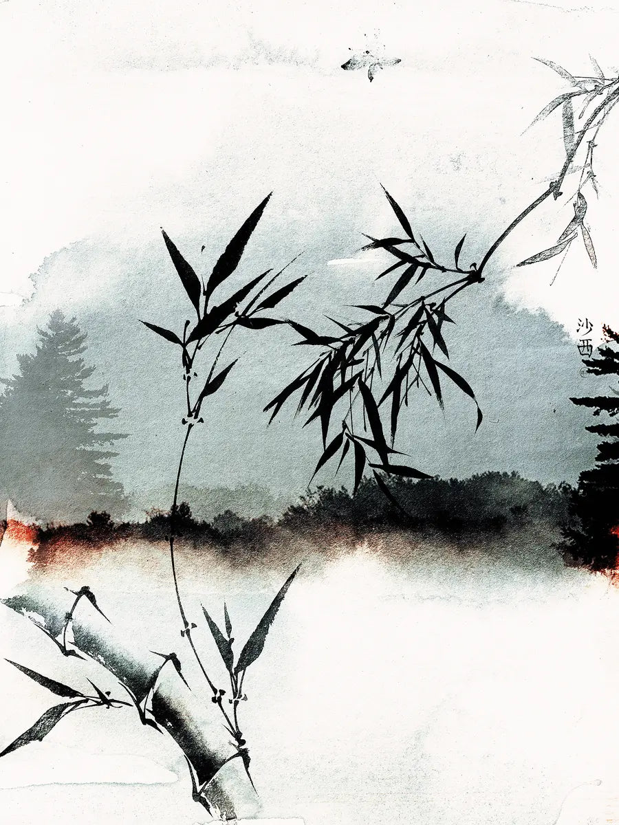 Schwarz-weiß-Zeichnung von Bambuszweigen vor einem grauen Hintergrund mit Bäumen.