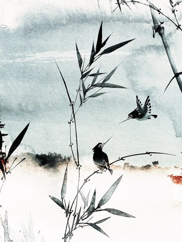 Handgemaltes Poster mit Bambus und Vögeln vor einem Himmel in Aquarell.