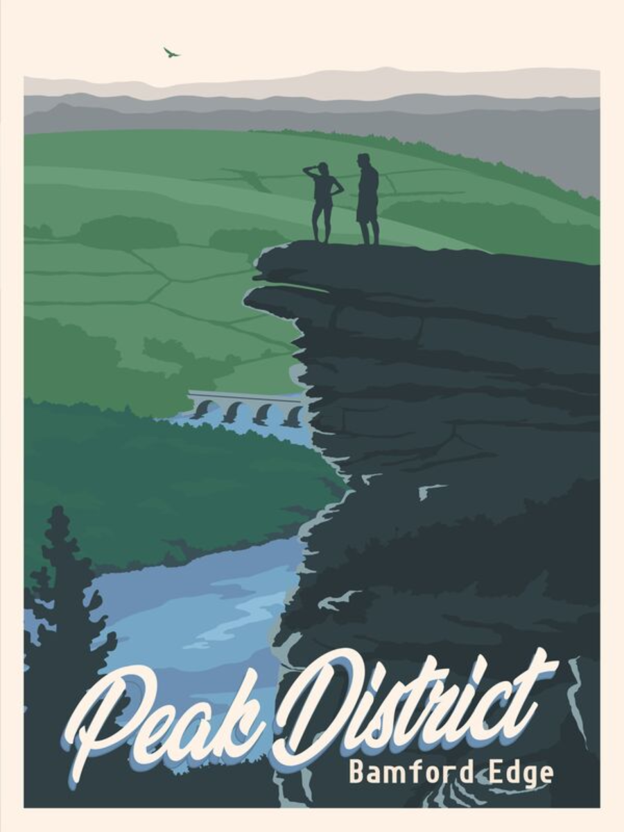 Grafische Illustration von Bamford Edge im Peak District mit zwei Menschen auf einem Felsvorsprung und grüner Landschaft im Hintergrund.