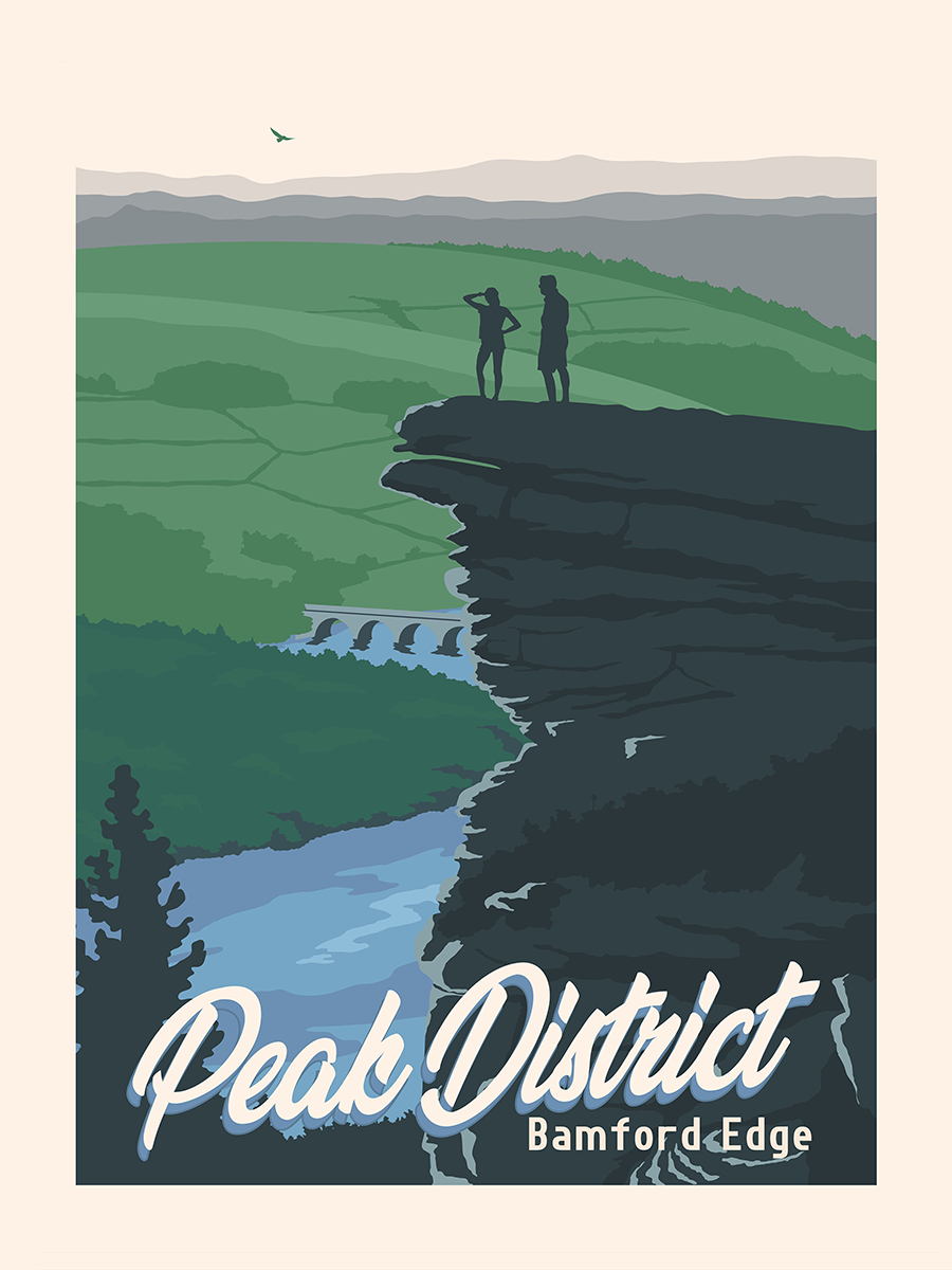 Grafische Illustration von Bamford Edge im Peak District mit zwei Menschen auf einem Felsvorsprung und grüner Landschaft im Hintergrund.