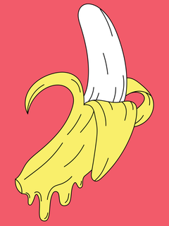 Grafische Illustration einer gelben Banane mit schwarzer Umrandung auf rosa Hintergrund.