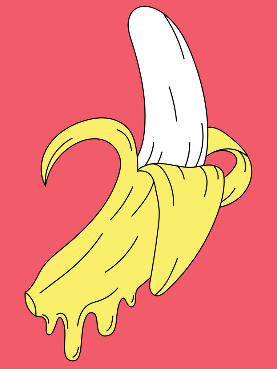 Grafische Illustration einer gelben Banane mit schwarzer Umrandung auf rosa Hintergrund.