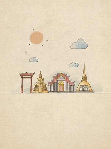 Illustration von Bangkoks Sehenswürdigkeiten mit einem Buddha und traditionellen Gebäuden.