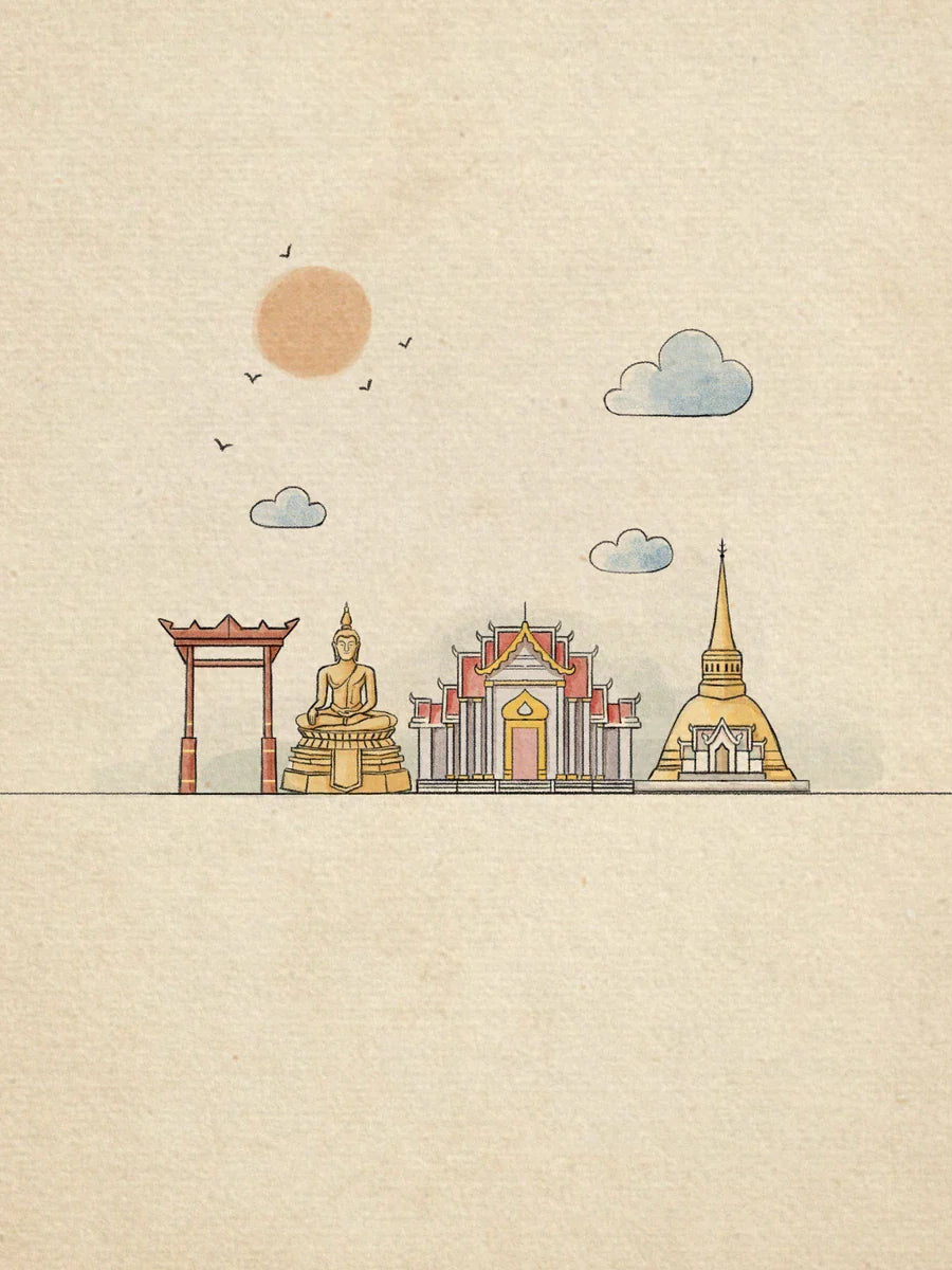 Illustration von Bangkoks Sehenswürdigkeiten mit einem Buddha und traditionellen Gebäuden.