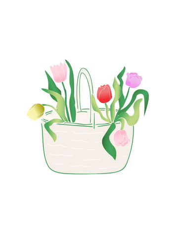 Eine weiße Tasche gefüllt mit bunten Tulpen in Pink, Rot und Gelb.