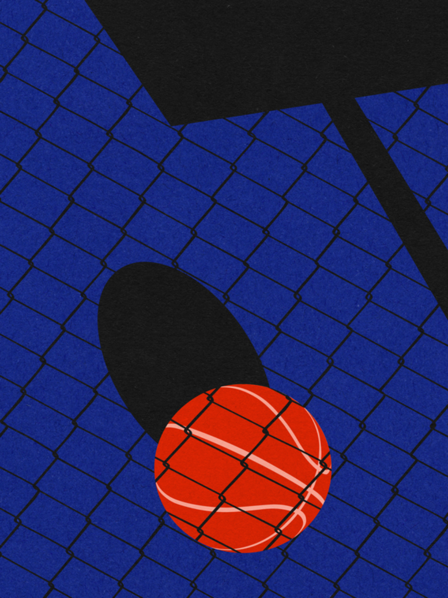 Grafische Illustration eines roten Basketballs vor einem blauen Hintergrund mit schwarzem Schatten und Zaun.