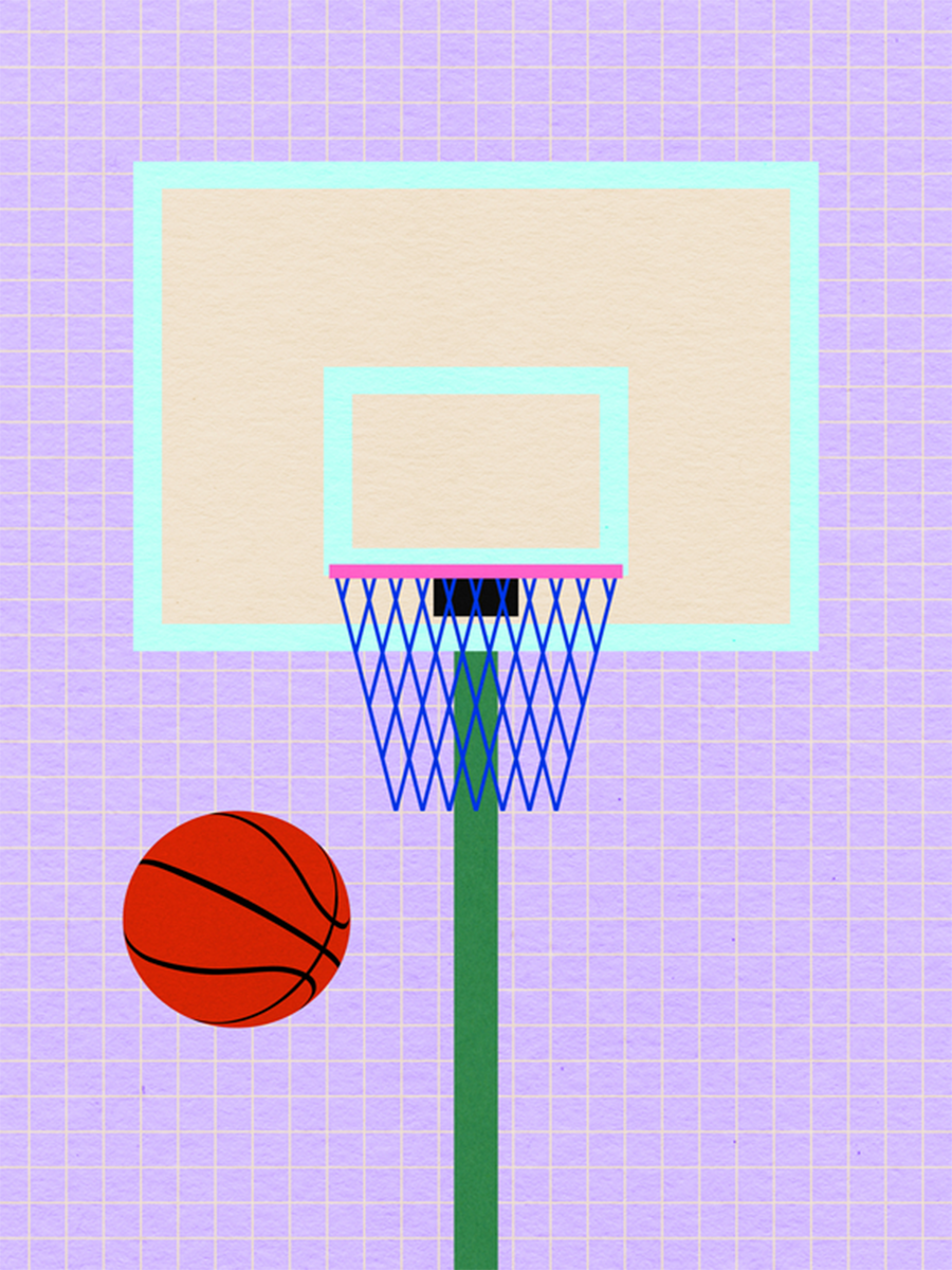 Grafische Darstellung eines Basketballkorbs mit einem Basketball vor einem lila Hintergrund.