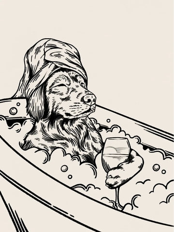 Illustration eines Hundes in einer Badewanne mit einem Weinglas und einem Handtuch um den Kopf.