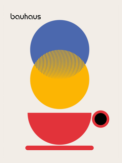 Grafische Illustration einer roten Tasse mit gelben und blauen Kreisen und dem Text "Bauhaus".
