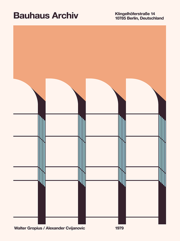 Grafische Illustration des Bauhaus Archivs in Berlin mit einem orangefarbenen Quadrat im Hintergrund.