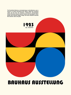 Bauhaus-Poster mit geometrischen Formen in Rot, Gelb und Blau und schwarzem Text auf beigem Hintergrund.