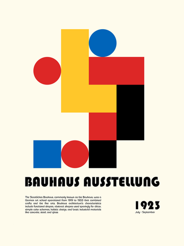 Grafik mit Bauhaus-Formen in Rot, Gelb, Schwarz und Blau auf beigem Hintergrund mit schwarzem Text darunter.
