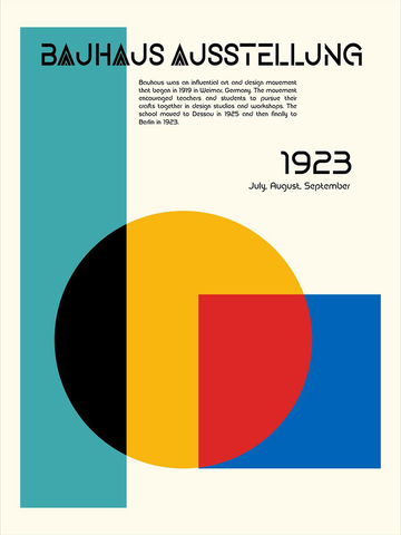 Bauhaus-Ausstellungsposter mit geometrischen Formen und Text über die Geschichte des Bauhauses.