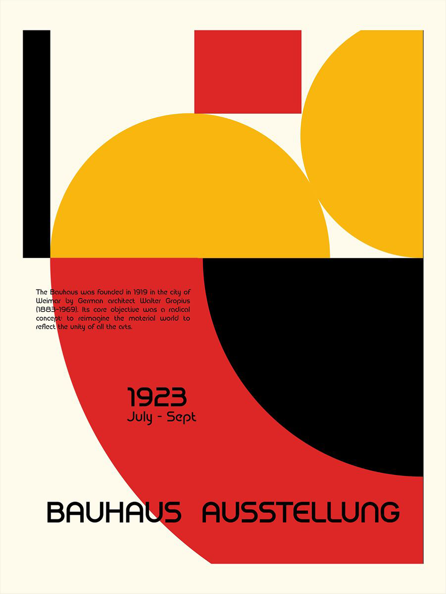 Grafische Illustration im Bauhaus-Stil mit Formen in Rot, Schwarz und Gelb auf hellbeigem Hintergrund, mit Text zur Ausstellung von 1923.