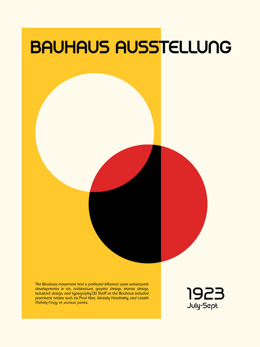 Grafisches Poster mit geometrischen Formen und dem Text Bauhaus Ausstellung 1923.