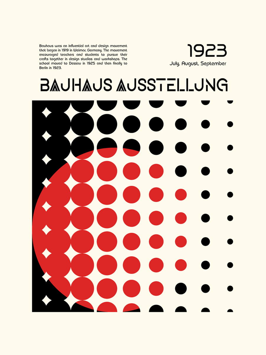 Poster mit roten und schwarzen Punkten, Halbkreis, Titel "Bauhaus Ausstellung" und Datum "1923".
