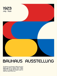 Grafisches Poster mit geometrischen Formen und der Aufschrift „Bauhaus Ausstellung“ in Rot, Blau, Gelb und Schwarz.