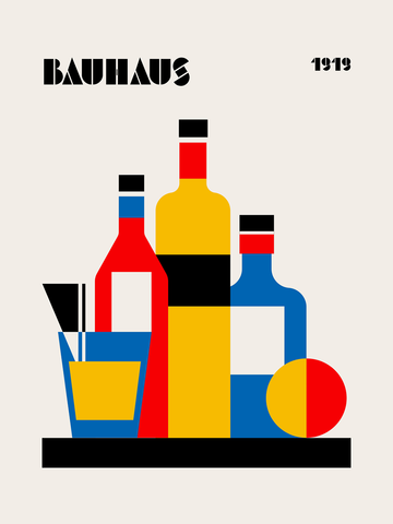 Poster mit Bauhaus-inspirierten Formen und Farben, zeigt Flaschen und ein Glas mit dem Text "Bauhaus 1919".