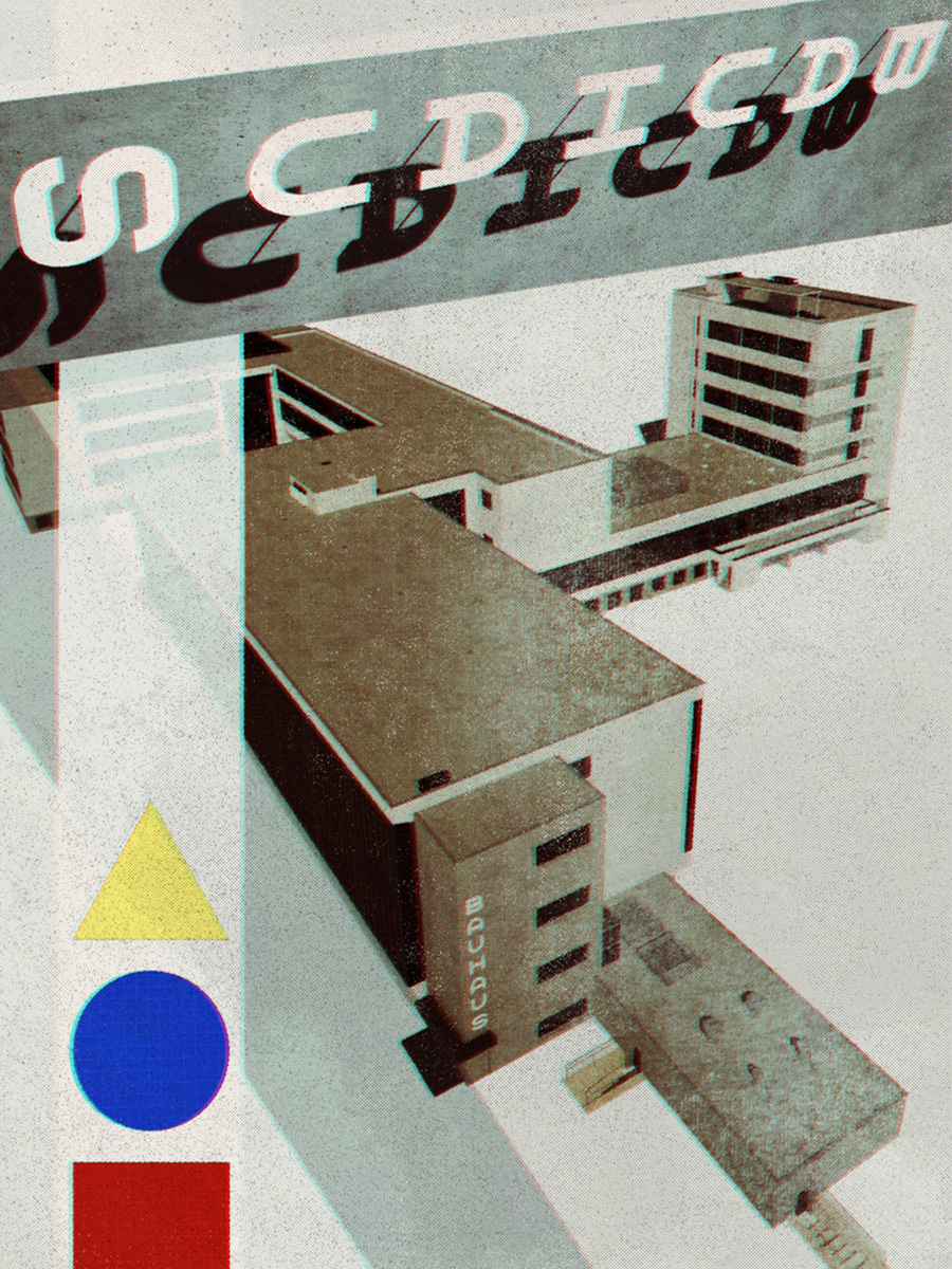 Illustration eines Bauhaus-Gebäudes mit den Primärfarben Gelb, Blau und Rot.