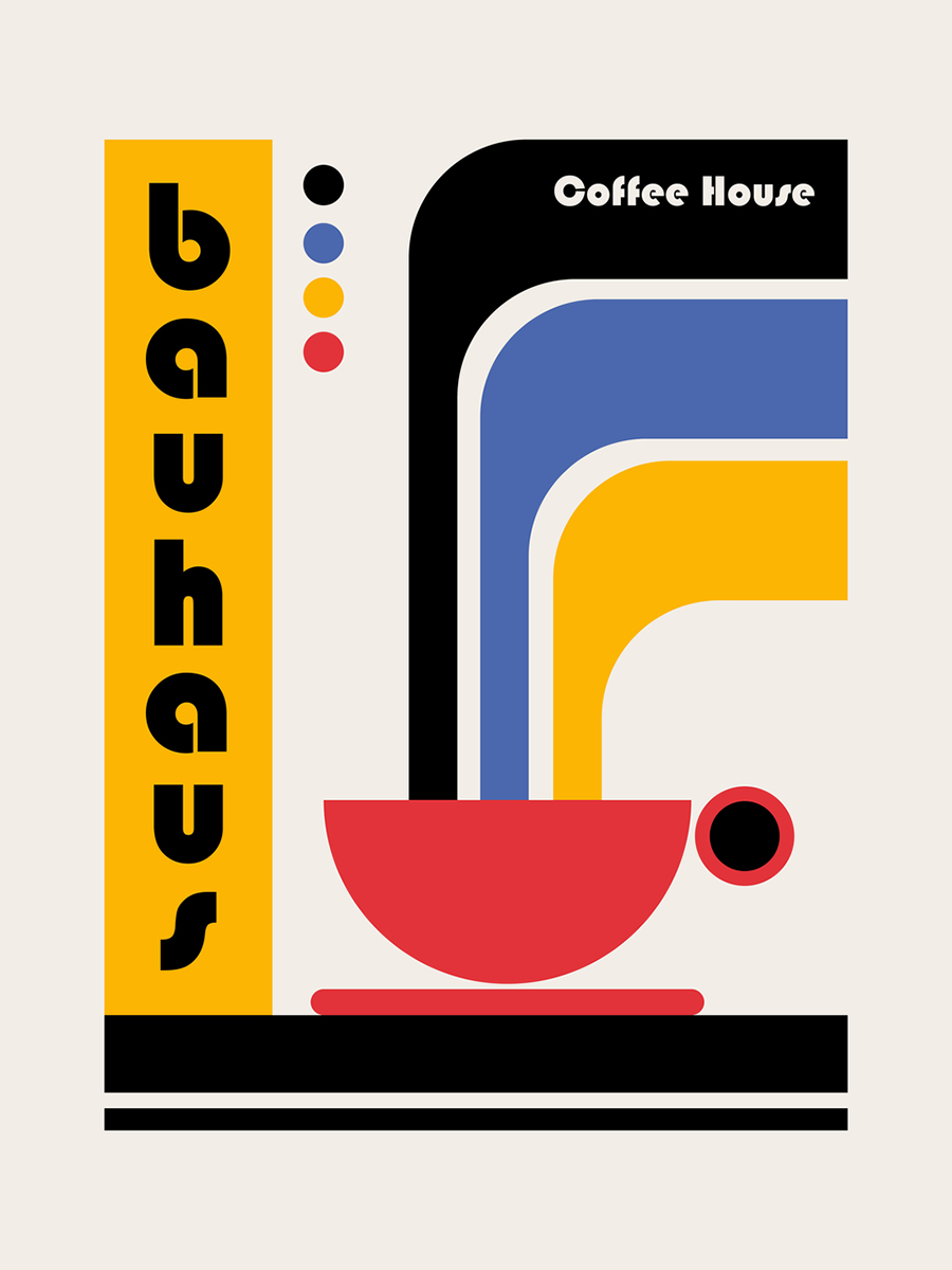 Grafische Illustration einer Kaffeetasse mit dem Text "Bauhaus Coffee House" in Rot, Blau und Gelb.