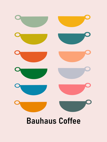 Grafische Illustration von Kaffeetassen in verschiedenen Farben auf hellrosa Hintergrund mit dem Text Bauhaus Coffee.
