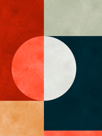 Grafische Illustration mit Quadraten in Rot, Beige, Grün und Schwarz und einem Kreis in Weiß und Rot.